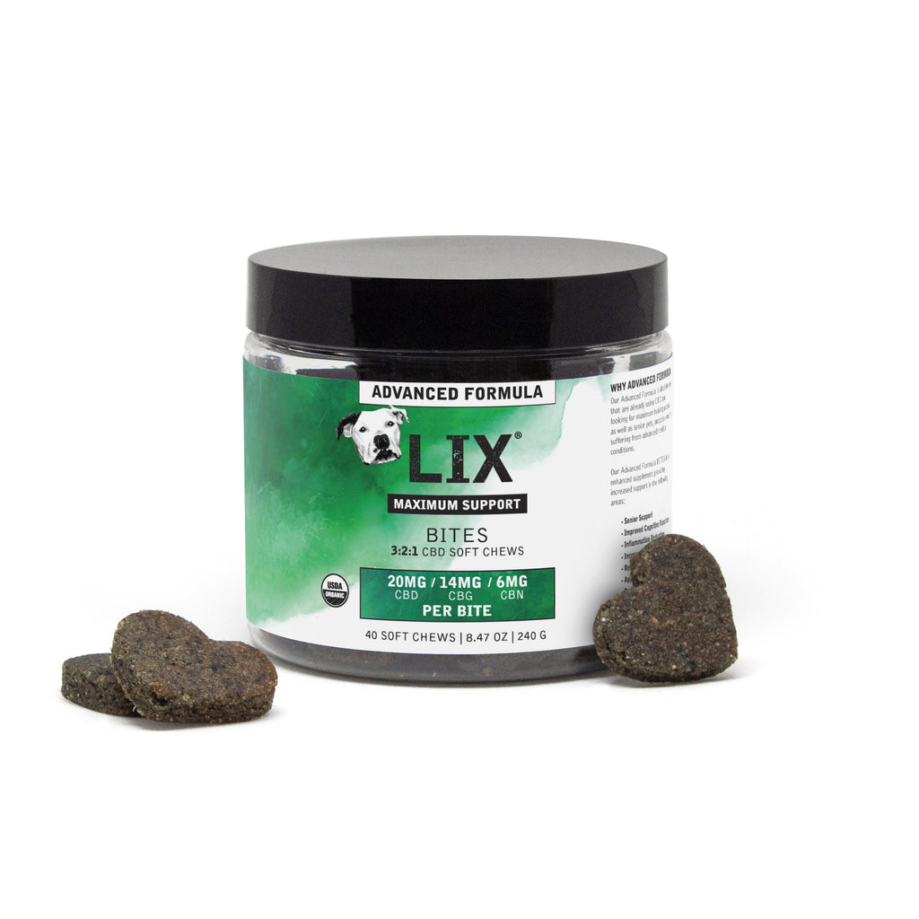 LIX Advanced Formula 3:2:1 human grade CBD soft chews for pets in a 40 count container back - advanced senior support